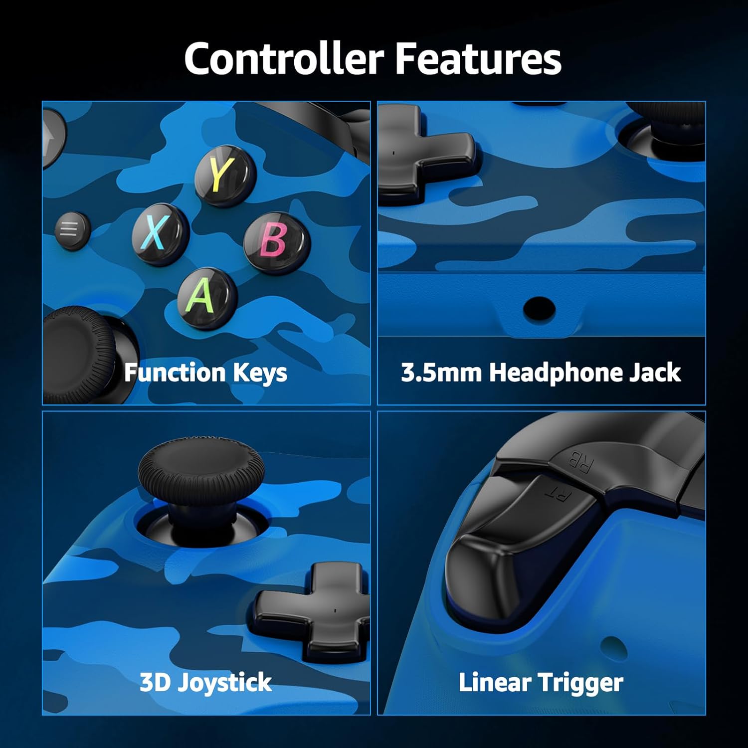 GMVOX Wireless Controller for X-BOX, Gaming Controller Support Turbo/3.5MM Audio Jack/Dual Vibration, Controller Compatible with X-BOX One/ One S/X, X-BOX Series S/X, PC, IOS, Android Platforms,with 2.4g Adapter(Blue Camo) - Image 6